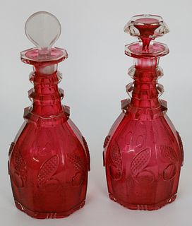 Pair of Cranberry Cut Crystal Glass Decanters