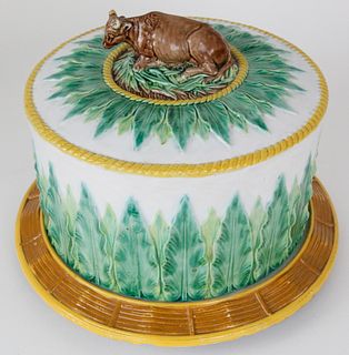 Majolica Ceramic Cheese Dome with Cow Finial