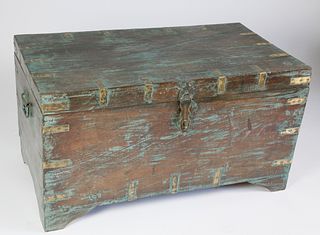 Contemporary Teak Brass Bound Trunk with Blue Washed Paint Decoration