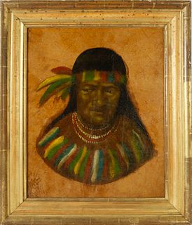 Vintage Oil on Hide Portrait of a Native American