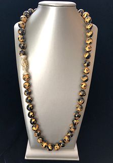Black Obsidian Gold Engraved Bead Necklace with Sterling Silver Vermeil and Crystal Clasp
