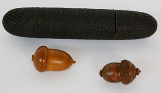 19th c. Sailor Made Needle Case with Carved Wood Acorn Nutmeg Grinder and Box
