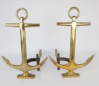 Pair of Mid Century Brass Anchor Andirons
