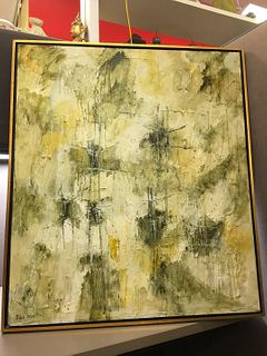 Signed Framed Abstract Oil Painting by Listed Artist Elva Levy Greens Yellows