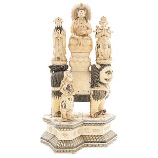 Kwan Yin Goddess with Warriors Guan Yu, Wei Tuo, and PERRO FO. China, Ca. 1900. Figures in carved and inked ivory.