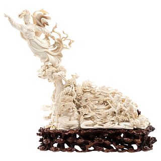 Chang’e Goddess of the Moon, China Ca. 1900,  Carved and inked ivory on carved wooden base.