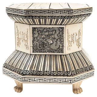 Octagonal Base. China, Early 20th century, Carved, inked ivory.