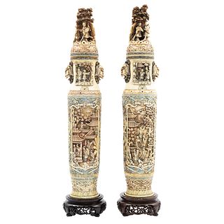 Pair of Urns, Asia, Ca. 1900, Carved and inked ivory with oriental scenes.