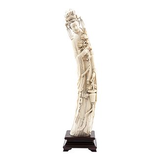 Lady with Flowers, China, Ca. 1900, Carved and inked ivory on wooden base.