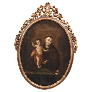 SAN ANTONIO DE PADUA CON EL NIÑO, Mexico, Late 18th century, Oil on canvas with carved and gilded wooden frame.