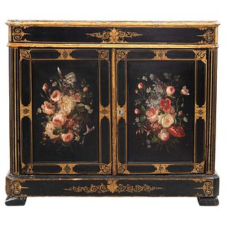 Cabinet, Late 19th century, With lacquered and polychrome marble and wood top, golden details.