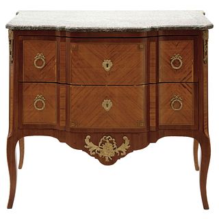 Cabinet, France, Early 20th century, Carved and marqueed wood with floral details, with marble top.