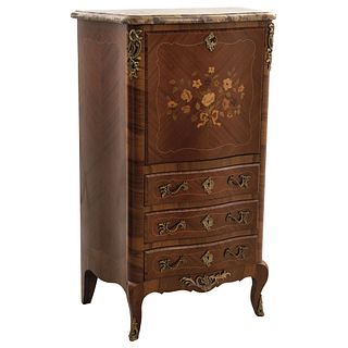 Secretaire, Early 20th century, Carved wood with bronze applications and marble top.
