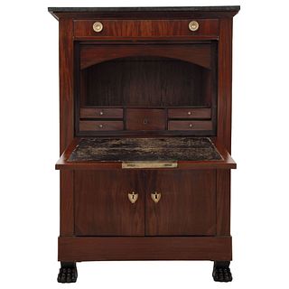 Secretaire, France, Early 20th century, Carved and ebonized wood with hinged lid, sliding writing desk.