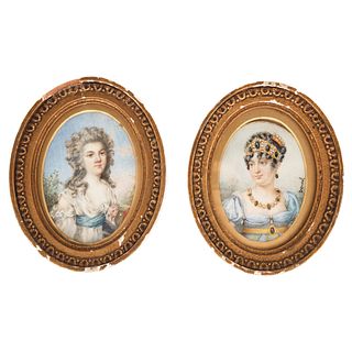 Pair of Miniatures, Europe, 19th century, Portraits of Lady, Gouache on ivory sheet, One signed