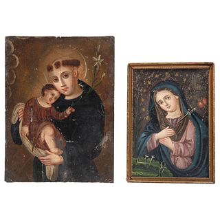 Pair of Religious Images, Mexico, 19th century, St. Anthony and Our Lady of Sorrows, Both in oil on zinc sheet