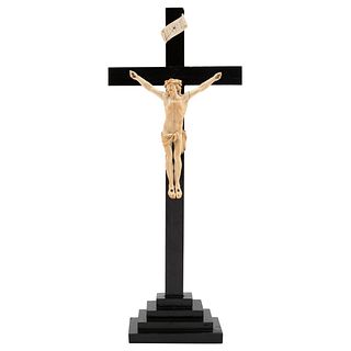 Crucifix, Early 20th century, Christ made in ivory with carved wooden cross.