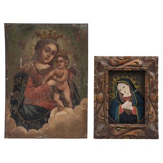 Pair of Religious Images, Mexico, 19th century, Our Lady of Refuge and Our Lady of Sorrows, Both in oil on zinc sheet.