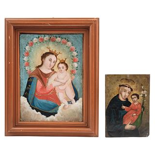 Pair of Religious Images, Mexico, 19th century, Our Lady of Refuge and St. Anthony, Both in oil on zinc sheet.