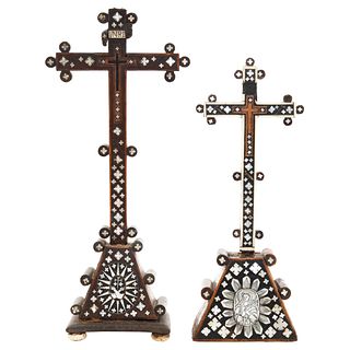 Pair of Crosses, 19th century, Both in carved wood with mother-of-pearl inlays.