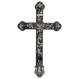 Apostolic Cross, Macao, China, 19th century, Carved wood inlaid with mother of pearl and decorated with floral motifs.