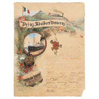 AUGUST LÖHR. PÓSTER CONMEMORATIVO DE LA RUTA EUROPA MÉXICO DEL BARCO PRÍNCIPE ADALBERTO EN VERACRUZ. Watercolor on paper.