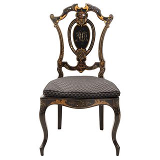 Chair, Early 20th century, Napoleon III Style, Carved and lacquered wood with mother-of-pearl inlays.