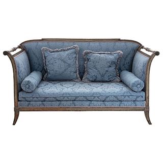 Living Room Set, 19th century, Louis XVI style, Carved wood and blue upholstery with floral motifs and four cushions.