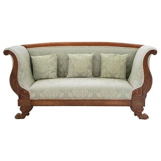 Sofa, England, 20th century, SHERATON Style, Carved wood with claw-style supports and green upholstery.