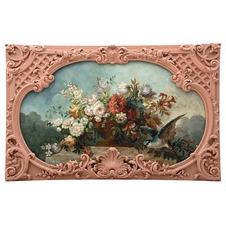 PAR DE BOUQUETS, Mexico, Late 19th century, Oil on canvas with a carved and polychrome wooden frame.