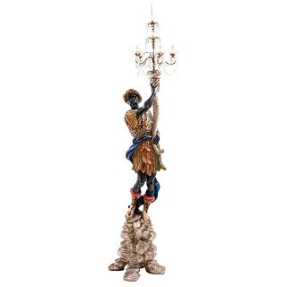 Venetian Figurine with Lamp, Ca. 1900, Polychrome wood carving and glass eyes with a crystal lamp for four lights.