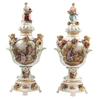 Pair of Jars, Europe, 19th century, Painted porcelain decorated with classical scenes and floral motifs.