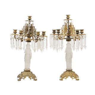Pair of Candle Holders with Caryatid Base, France, 19th century, Bronze with LALIQUE style glass bases.