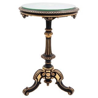 Auxiliary Table, Early 20th century, Top made in ebonized wood with floral decoration, stone inlays.