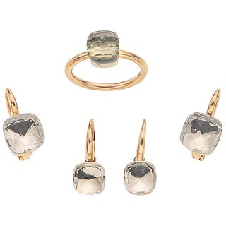 RING AND TWO PAIRS OF EARRINGS WITH PRASIOLITE AND TOPAZ . 18K YELLOW GOLD. POMELLATO NUDO COLLECTION