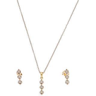 CHOKER, PENDANT AND EARRINGS SET WITH DIAMONDS . 14K WHITE AND YELLOW GOLD