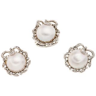  RING AND EARRINGS SET WITH HALF PEARLS AND DIAMONDS. PALLADIUM SILVER