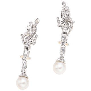 CULTURED PEARLS AND DIAMONDS EARRINGS. PALLADIUM SILVER AND 14K WHITE GOLD