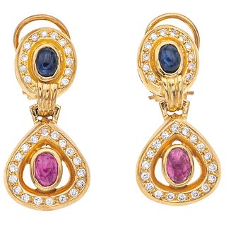 RUBIES, SAPPHIRES AND DIAMONDS EARRINGS. 18K AND 14K YELLOW GOLD