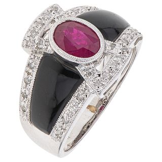 RUBY, DIAMONDS AND ONYX RING. 18K WHITE GOLD