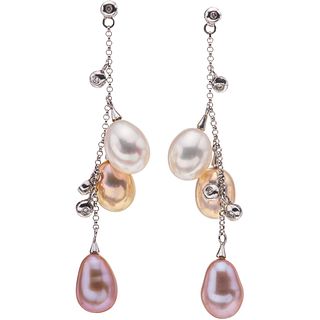 CULTURED PEARLS AND DIAMONDS EARRINGS. 14K WHITE GOLD