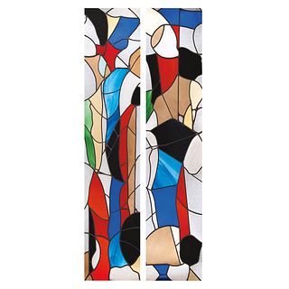 LUIS LÓPEZ LOZA, Untitled, Signed and dated, 1989, Stained glass windows in manner of doors, wooden frame, 91.3 x 27.5 x 2.5" (232 x 70 x 6.5cm) each,