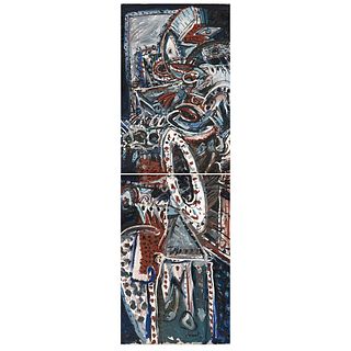 JAZZAMOART, Nocturno de Ornette, a) Signed and dated Méx 83 on back, b) Signed on front, Oil/canvas, 88.9 x 37" (226 x 94 cm) overall, Pieces:2