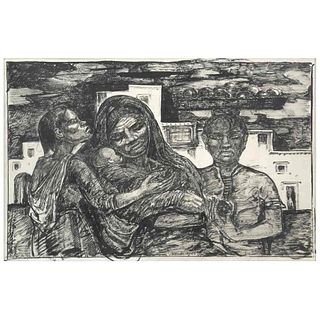 ROBERTO MONTENEGRO, Tres mujeres con niño, Signed twice and dated 48 y 1948, Ink and graphite pencil on paper, 12.4 x 19" (31.5 x 48.5 cm)
