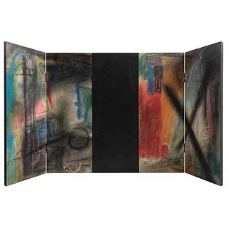 CARLOS TORRES, Tryptyque No. 77, Signed and dated 1989 on back, Mixed technique on wood, triptych joined by hinges, 25.5 x 48.8" (65x124 cm) in total