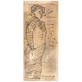 JOSÉ LUIS CUEVAS, Rimbaud, Signed and dated Exposición en Nueva York del 4 al 29 de abril de 1966, Ink on paper, 6.1 x 2.7" (15.5 x 6.9 cm)
