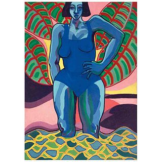 GABRIELA BRIBIESCA, Mujer de agua, Signed and dated 7 de 86 on front and julio de 86 on back, Acrylic on canvas, 59 x 43.3" (150 x 110 cm)