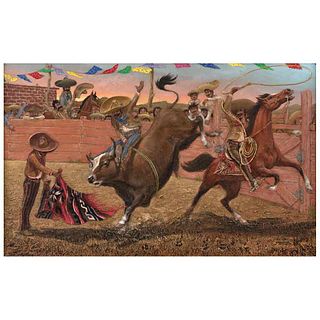 LUIS STREMPLER, Fiesta en el pueblo, Signed and dated Mexico 1979 front and back, Polyester and acrylic on masonite, 24 x 38.5" (61 x 98cm)