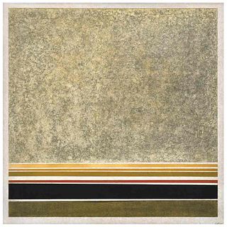 ENRIQUE CATTANEO, Horizonte/Ocre-Rojo-Negro, Signed on front, Signed and dated 1979 on back, Acrylic on canvas, 43.5 x 43.7" (110.5 x 111 cm)