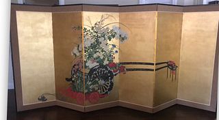 Six Panel Flower Cart Screen, Japan, 18th century